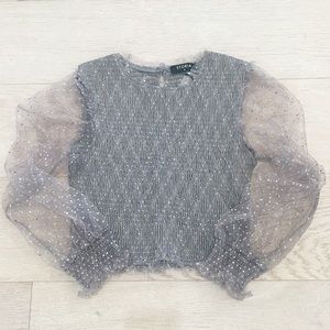 NWT Storia Smocked Grey Dot Tulle Puff Sleeve Top
